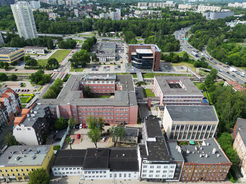Aerial view of the University of Economics campus buildings and urban landscape in Katowice, Poland.