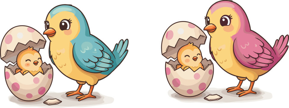 Cute blue and pink birds with newborn chicks hatching from spotted eggs, adorable bird family illustration, spring wildlife parenting concept