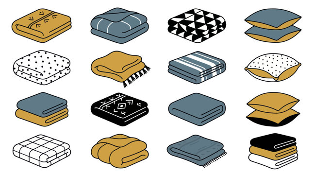 Textured blankets and patterned pillow vector icons.