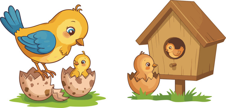 Cute yellow birds hatching from eggs near wooden birdhouse, mother bird watching chicks, adorable wildlife family cartoon illustration art