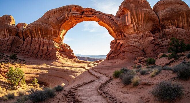 Golden hour sunlight illuminates Delicate Arch, a natural sandstone bridge in Arches National Park, Utah, framing a distant desert vista with warm light and shadow.