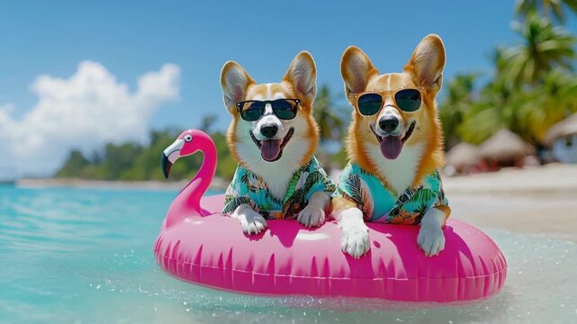 Two cute corgi dogs wearing sunglasses and tropical shirts float on a pink flamingo pool ring.