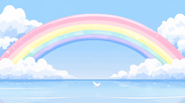 A single white dove and soft rainbow over calm water, covenant, peace and Holy Spirit background for kids ministry, no people. Adorable VBS summer camp Sunday school background with copy space 
