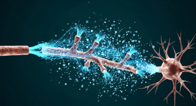 Illustration of a nerve impulse traveling along an axon to a synapse, representing neural communication and brain function