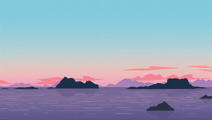 Fototapeta premium 夕焼けの海と島影を淡く描いた旅行向けグラフィック背景