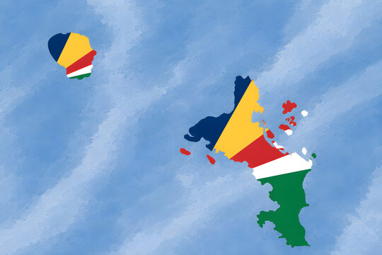 Seychelles map with national flag colors on watercolor background