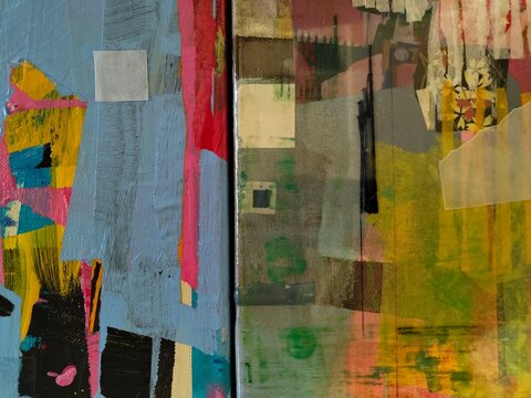 Abstract painting diptych with grey blue and earthy tones