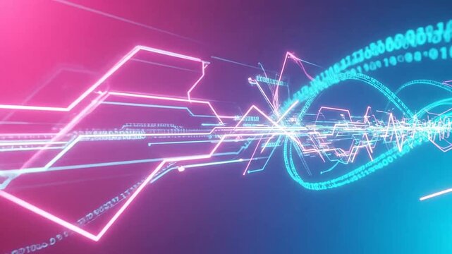 Abstract digital background with glowing neon lines and binary code data streams