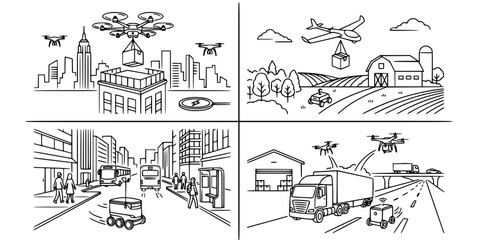 Naklejka premium Delivery Drone and Robot Ecosystem Icons, Minimalist Logistics Vector Set