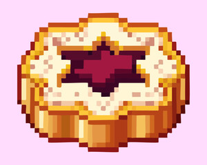 Fototapeta premium Delicious sweet biscuit cookie pastry filled with red strawberry jam star center for bakery shop game pixel art digital illustration vector