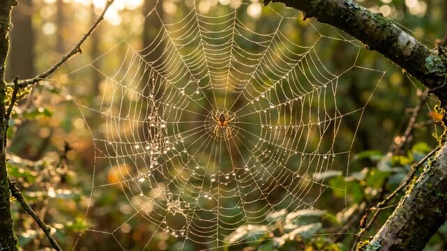 Spider on Dew Covered Web in Morning Forest at Golden Hour