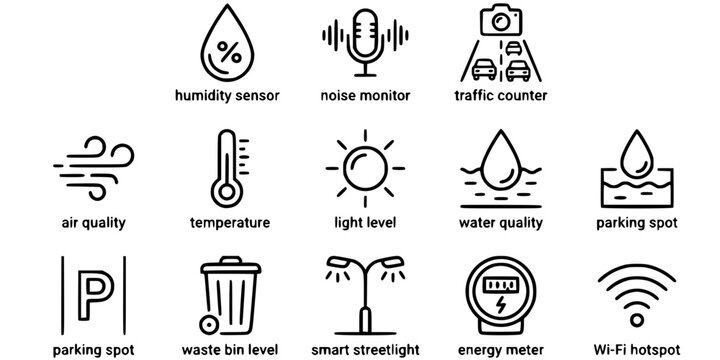 IoT City Sensor Icons, Smart Urban Monitoring Vector Set