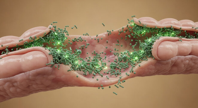 Microscopic view of beneficial bacteria colonizing the intestinal lining, promoting gut health and aiding digestion