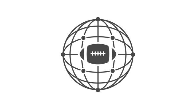 American Football Ball within a Simple Wireframe Globe Representing Global Sport on Isolated White Background