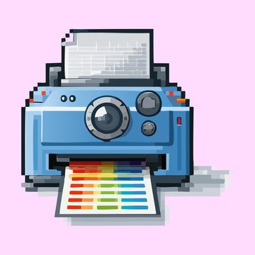 Inkjet color photo printer machine appliance asset loaded with spectrum color test paper sheet in retro pixel art toolbar design