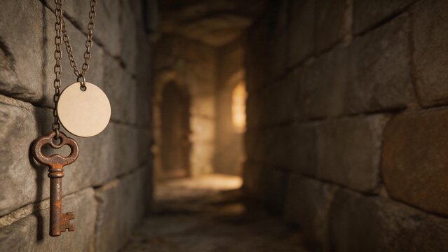 Old key and chain in stone corridor