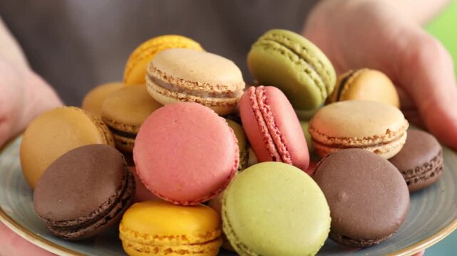 Woman showing yummy colorful macarons on blurred background, closeup