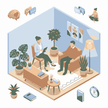 Psychologist and patient in a therapy session, discussing mental health and emotional well-being in a comfortable office setting.