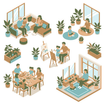 Isometric illustration of families enjoying various home activities together, including reading, yoga, painting, dining, and relaxing.