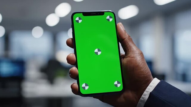 Professional Businessman Holding Smartphone with Green Screen and Tracking Markers in Blurred Office ideal for app demonstrations and tech presentations.