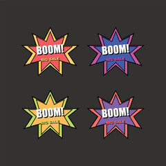 Set of four pop art boom big sale explosion tags in bright contrasting colors. © Tania