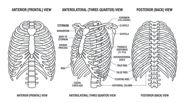 Human Rib Cage Anatomy Diagrams: Anterior, Anterolateral, and Posterior Views