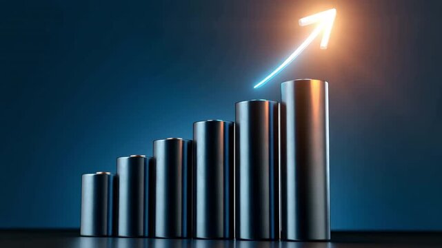 A row of cylindrical battery cells with a glowing upward arrow represents the growth and investment tendencies of the battery market.