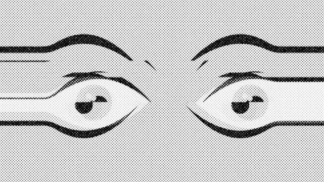 Monochrome human eyes illustration with distortions and glitch effects