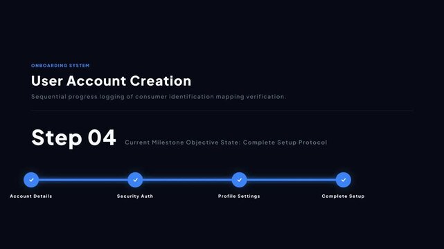 User account creation sequential onboarding system blue timeline animation on dark blue background