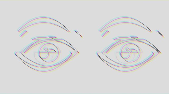 Line art illustration of human eyes looking at the camera with distortions glitches and chromatic aberration effects animation