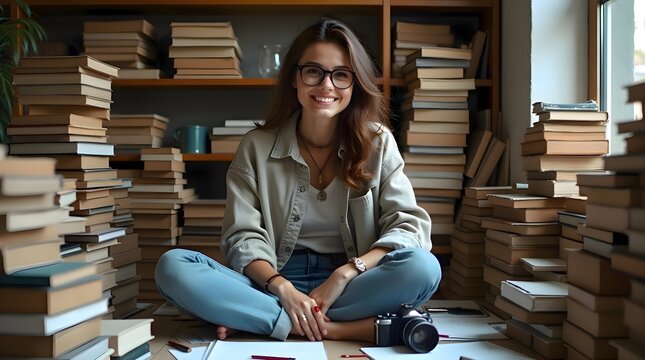 Woman sitting on the floor in front of a pile of books, student education learning university knowledge research, cozy indoor room lifestyle portrait