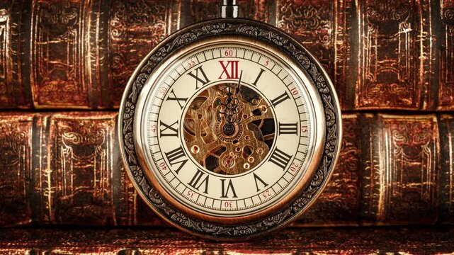 Vintage pocket watch close up on old books background with moving clockwork and second hand, time lapse.