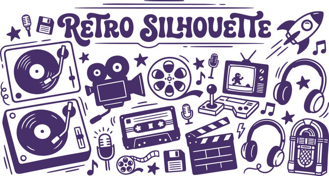 Retro entertainment collection: vintage audio, film, and music silhouettes