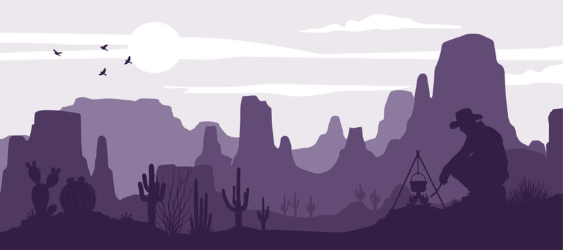 Western Desert Landscape Banner Purple Sunset Background with coboy