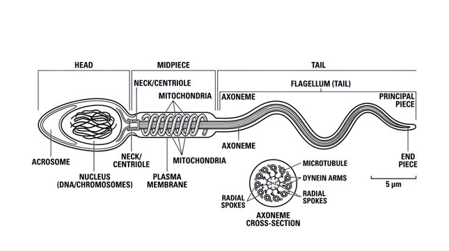 Sperm Cell Anatomy Diagram: Head, Midpiece, Tail, Acrosome, Nucleus, Mitochondria, Axoneme
