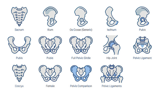 Detailed anatomical icons of the human pelvis and hip.