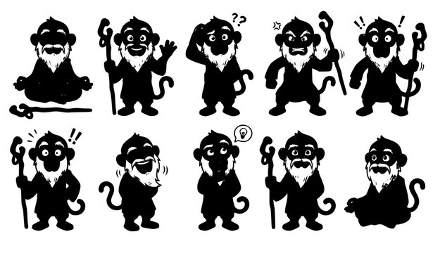 Cartoon monkey monk character vector set with emotions and expression poses