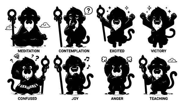 Monkey monk mascot vector bundle cartoon emotions and storytelling poses
