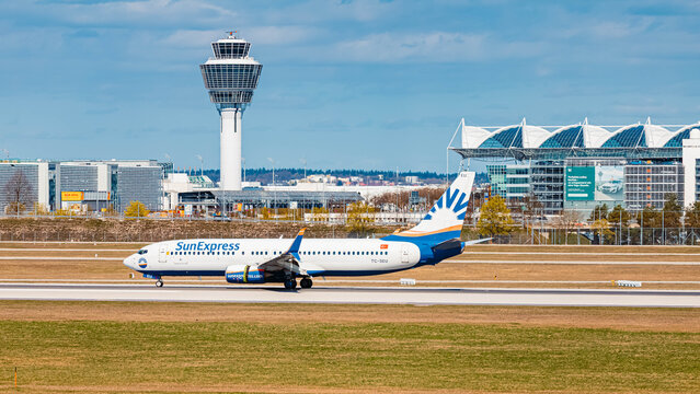 TC-SEU SunExpress Boeing 737 passenger jet airplane on a sunny spring day at Munich airport, MUC, Freising, Bavaria, Germany
