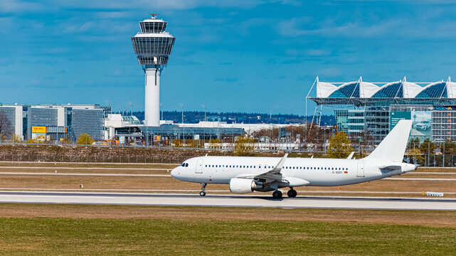 D-ADDY passenger jet airplane on a sunny spring day at Munich airport, MUC, Freising, Bavaria, Germany