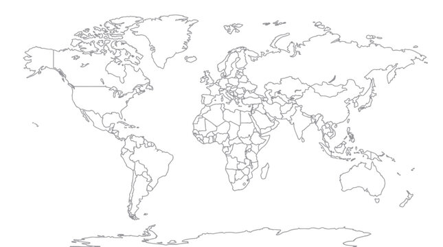 Outline World Map with Country Borders - Blank Continents Globe