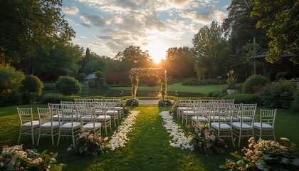 Fototapeta premium Elegant Outdoor Garden Wedding Ceremony at Sunset