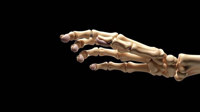 Human skeleton hand pointing and clenching on black background