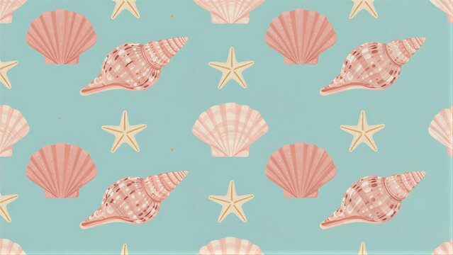 Seashells and starfish pattern on soft blue background, coastal charm design.