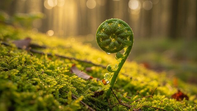 New fiddlehead fern glistens with dew on forest moss