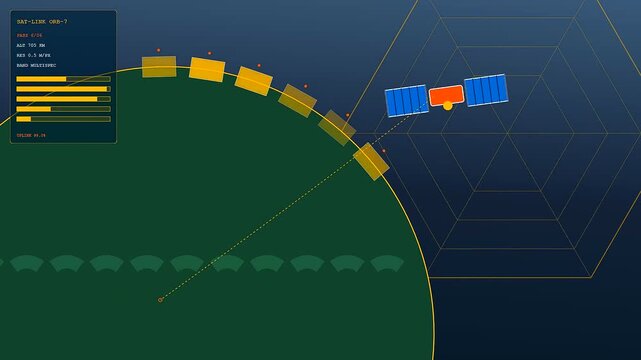 Precision farming data visualization showing a satellite orbiting a green planet while transmitting signals to sensors on the surface during a simulated orbital network monitoring sequence