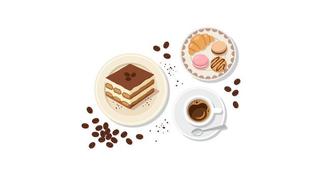 A delicious dessert plate with tiramisu and assortment pastries accompanies a cup coffee