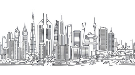 Fototapeta premium Modern City Skyline Sketch: Architectural Doodle of Skyscrapers and Buildings