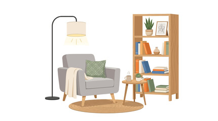 Fototapeta premium A cozy living room scene with a comfortable armchair, floor lamp, and bookshelf.