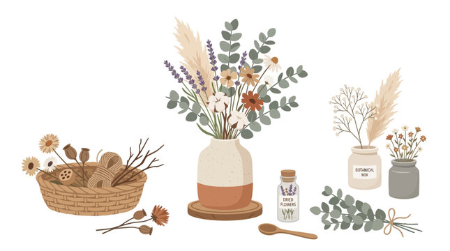An arrangement of flowers, herbs, and bread in vases and a basket on a table indoors.